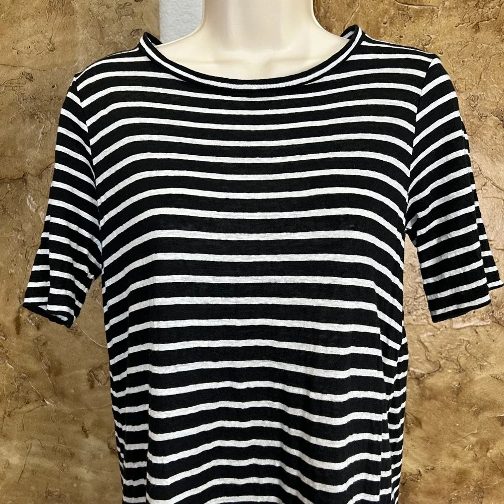 Eileen Fisher T-Shirt Dress Petite Small PS Black White Stripe Organic Linen - Picture 2 of 11